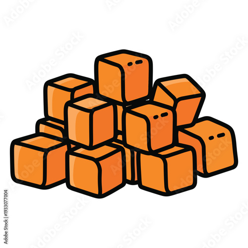Illustration of orange cubes stacked together in a 3D pile, showcasing geometric shapes and vibrant colors in a playful arrangement