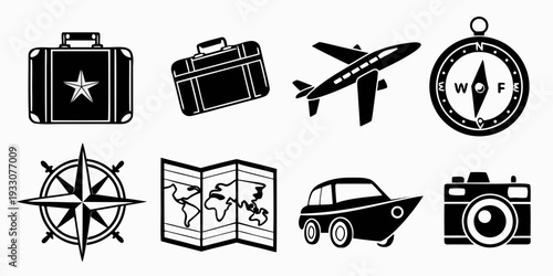 A collection of travel and adventure icons including a suitcase, plane, and compass Vector