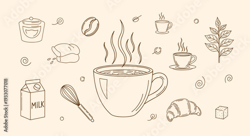 A delightful hand drawn illustration featuring a steaming cup of coffee surrounded by breakfast items and kitchen utensils on a light background