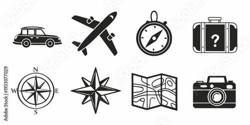 A collection of travel and adventure icons including a car, airplane, and compass. Vector
