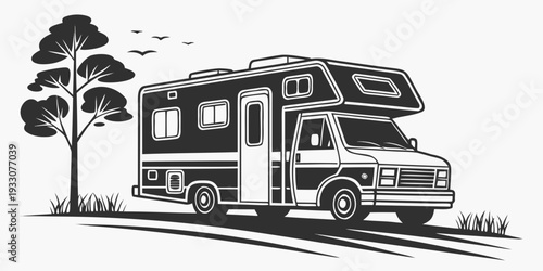 Vintage bus parked under a tree with mountains in the background. Vector