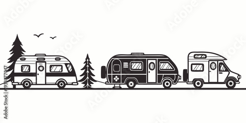 A line of vintage campers and cars parked in a scenic forest setting. Vector