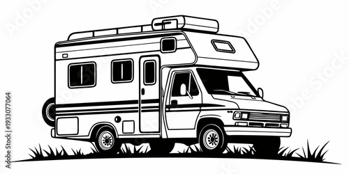 A detailed black and white illustration of a vintage camper van parked on grass Vector