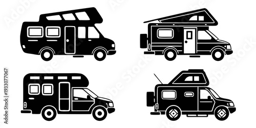 Four different types of recreational vehicles parked on a road. Vector