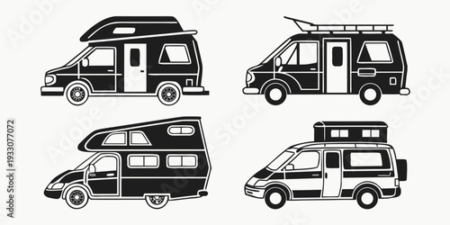 Illustration of various recreational vehicles parked in a row. Vector
