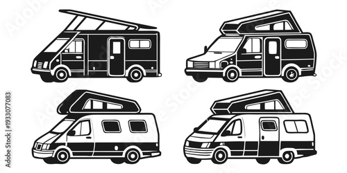 A diverse collection of recreational vehicles and trailers for various travel and camping needs. Vector