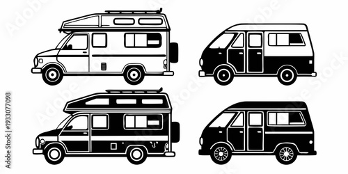 A variety of vintage camper vans and motorhomes in a row. Vector