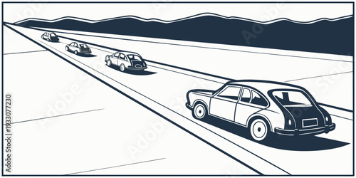 A group of cars driving on a highway during a stormy weather condition. Vector