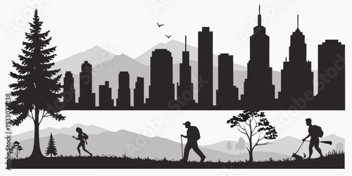 A scenic view of a city skyline with mountains and people enjoying nature Vector