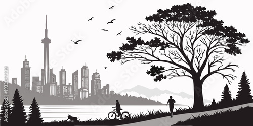 A group of people walking in a park with trees and a city skyline in the background Vector
