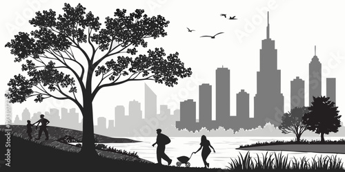 A serene park scene with a city skyline in the background, showcasing nature and urban life. Vector