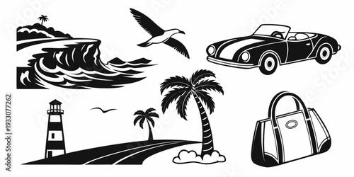A tropical beach scene with a lighthouse, palm tree, and various vacation items Vector