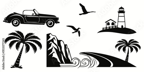 A serene beach scene with a vintage car, lighthouse, and palm trees Vector