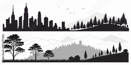 Silhouettes of trees and mountains in a serene landscape with a sunset sky Vector