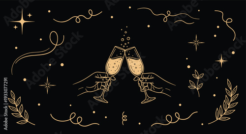 Elegant golden champagne glasses clinking together in celebration against a dark background with sparkling stars and decorative swirls creating a festive atmosphere