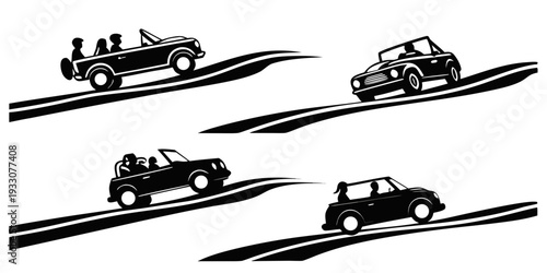 Vintage cars racing on a curved track in a black and white illustration Vector