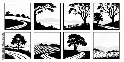A series of nine black and white illustrations depicting various landscapes and trees Vector
