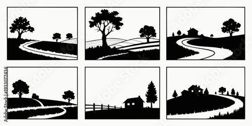 A serene landscape with trees and a winding road under a clear sky Vector