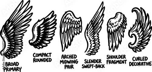 Tattoo flash hand drawn wing set six designs broad primary compact rounded arched mid wing slender swept back decorative curled