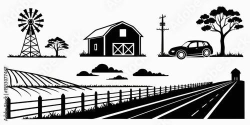 A serene countryside scene with a farm, fields, and a winding road Vector