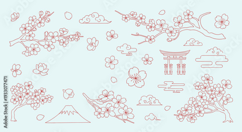 Japanese Cherry Blossoms Mount Fuji Torii Gate Clouds Traditional Scenery Elements Collection