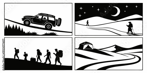 A journey through nature with friends, from day to night Vector