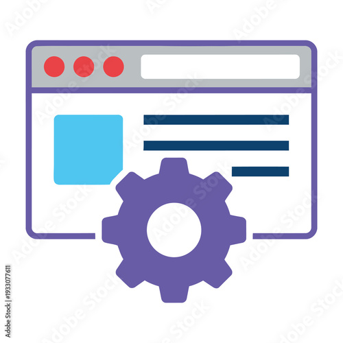 Digital settings gear icon overlapping modern browser window interface with red tabs and blue panel for website development and settings