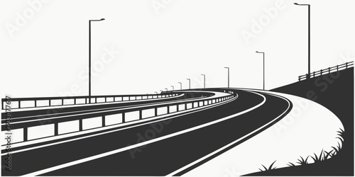 A winding road with multiple lanes and streetlights on either side. Vector