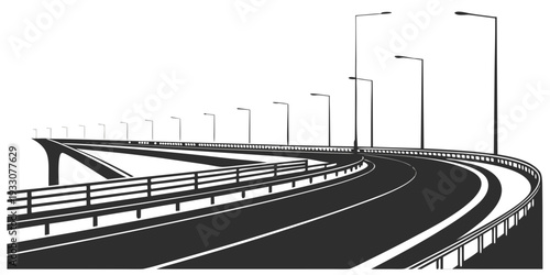 A winding road with street lights and a pedestrian crossing in the distance Vector