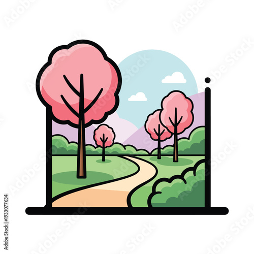 Vector illustration of a serene landscape with trees, pathway, and sky viewed from a distant perspective