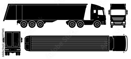 Semi-trailer dump truck silhouette on white background. Construction vehicle icons set view from side, front, back and top