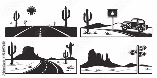 Desert landscape with various elements including a road, mountains, and a truck. Vector