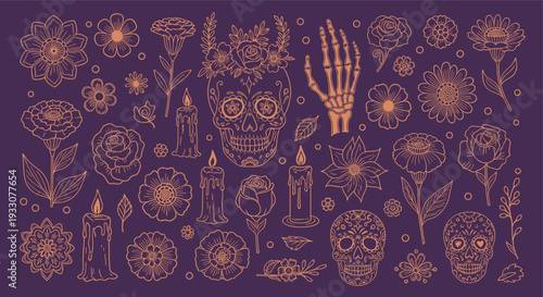 Dia de los Muertos inspired illustration with sugar skulls and marigolds on a dark purple background