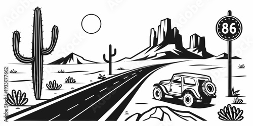 Vintage cars traveling through a desert landscape with cacti and mountains Vector