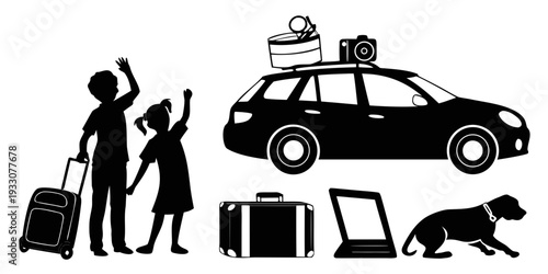 A family packing their car with luggage, a dog, and a laptop for a road trip. Vector