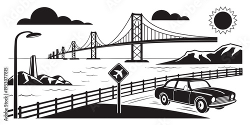 A picturesque view of a town with a bridge, church, and windmill under a clear sky Vector