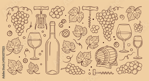 A charming hand drawn illustration showcasing a delightful collection of wine related elements perfect for beverage and culinary themes