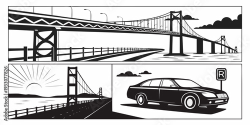 A collage of iconic structures and vehicles showcasing human engineering and design. Vector