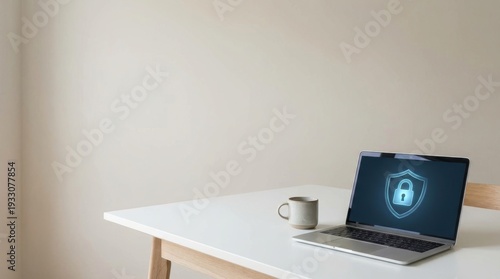 Laptop on white table displays glowing digital security shield and padlock A ceramic mug sits beside it on the surface