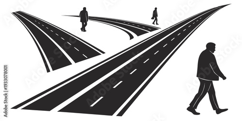 A person walking on a road with multiple lanes and bridges overhead. Vector