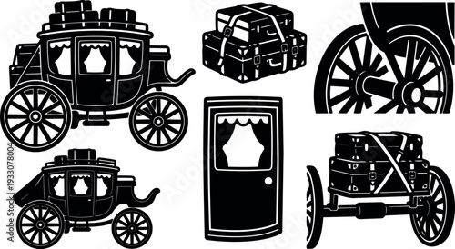 Silhouette vector vintage stagecoach close up with stacked luggage side wheel and ornate door in flat black graphic simple composition