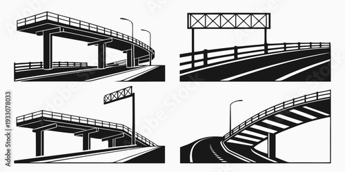 Four different types of railway crossings and traffic lights for trains and cars Vector