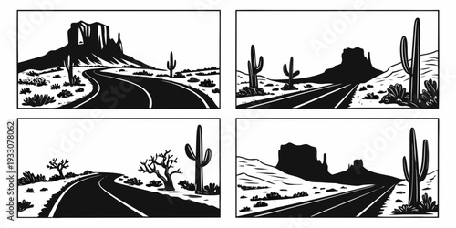 Four distinct scenes of desert landscapes with unique rock formations and paths Vector