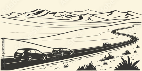 A serene landscape of rolling hills and a winding river under a clear sky. Vector