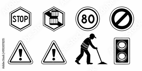 Assorted road signs and symbols indicating traffic rules and warnings Vector