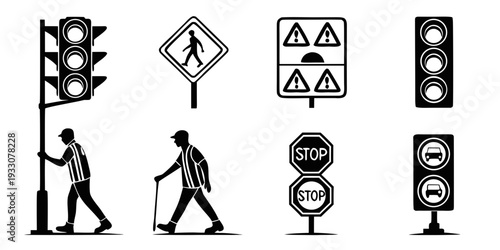 Pedestrian crossing signs and traffic lights in a city environment Vector