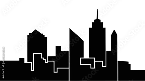 Modern City Skyline Silhouette at Dusk, Urban Landscape, Black and White