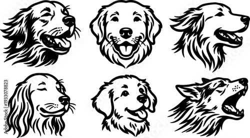 Tattoo flash close up smiling golden retriever and howling wolf heads set six pose vector line art bold monochrome profiles