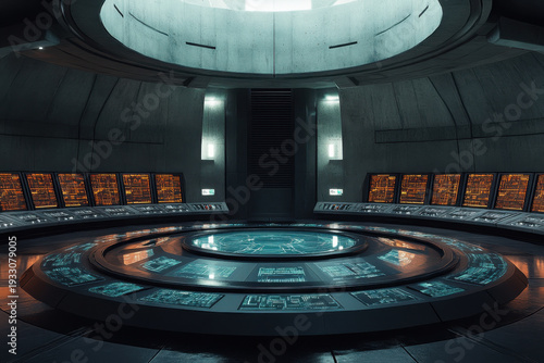 Crew members at control panels on Star Trek ship bridge.