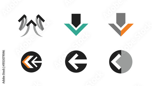 Set of Arrows Icons: Downward, Leftward, and Upward Arrows in Various Styles